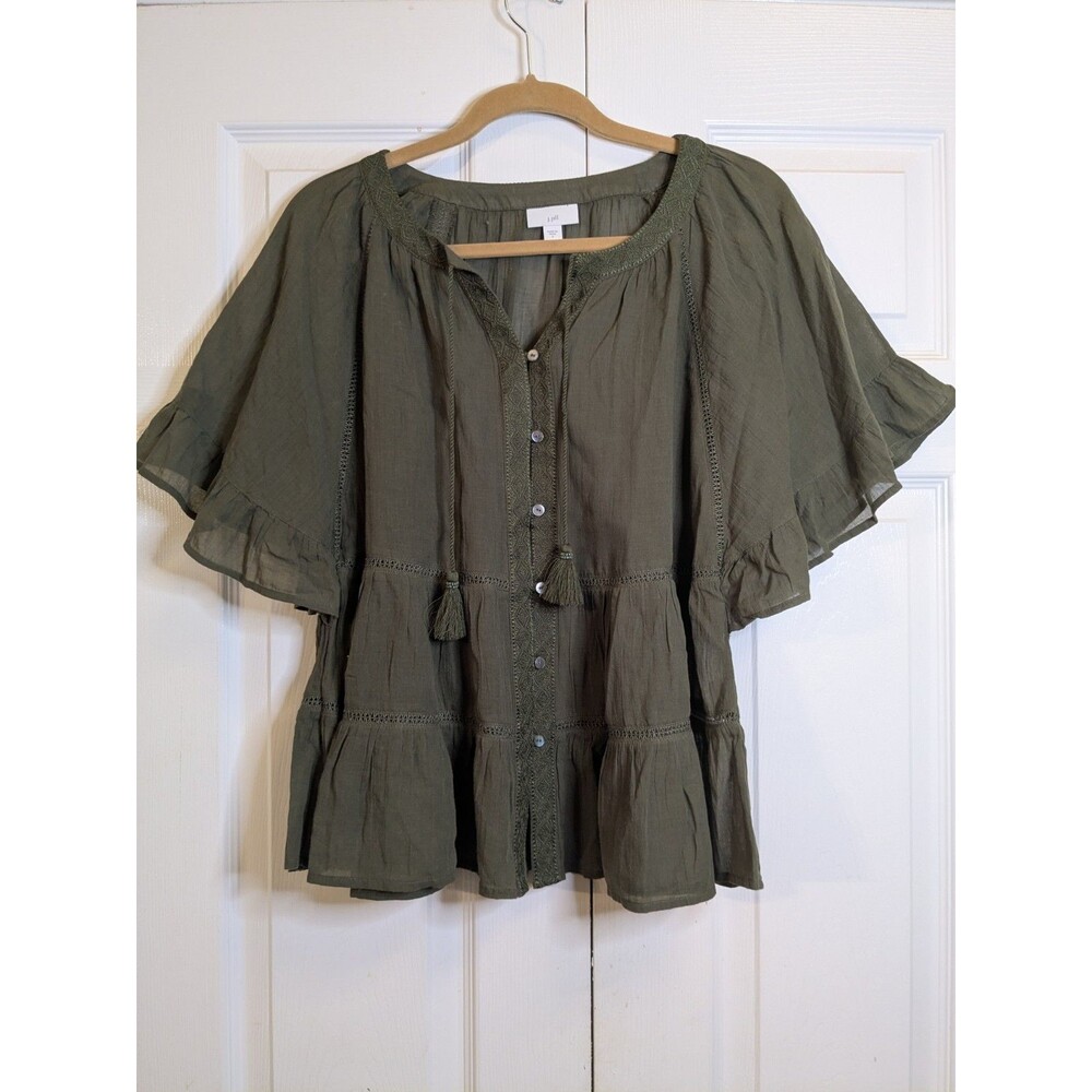 J. Jill Green Cotton Boho Peasant Top Size Small Embroidered Tassel Blouse Flowy